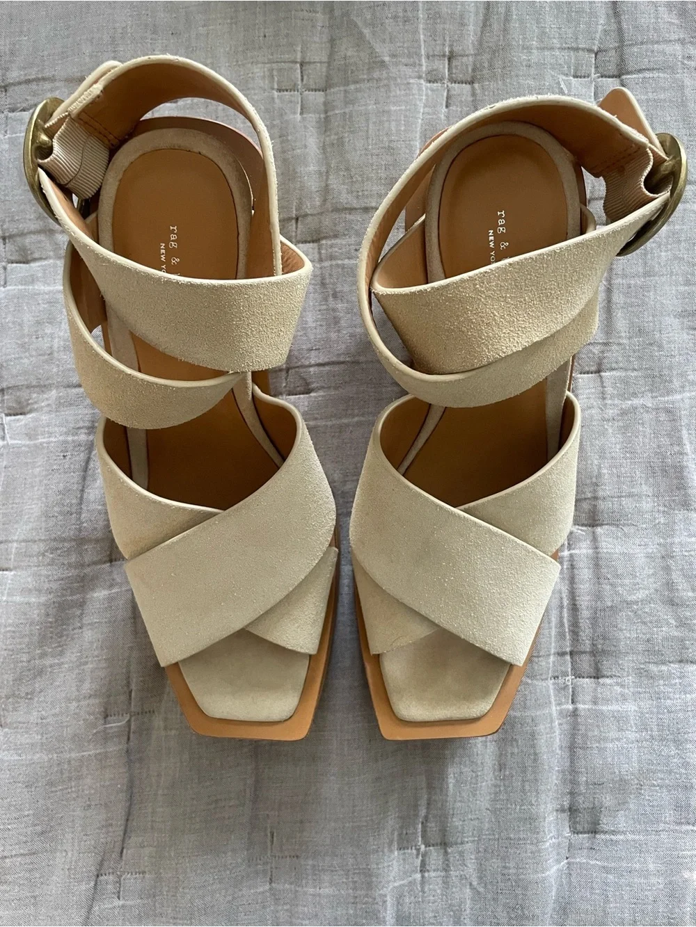 Rag & Bone Santiago Suede Wedge Wrap Sandals in natural, size 8.5 (Eur 39)